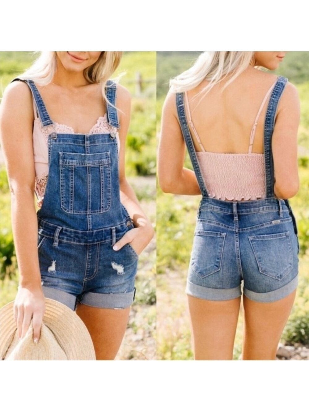 KanCan NEW Shortalls Denim Shorts Overalls SMALL Distressed Pockets Blue White